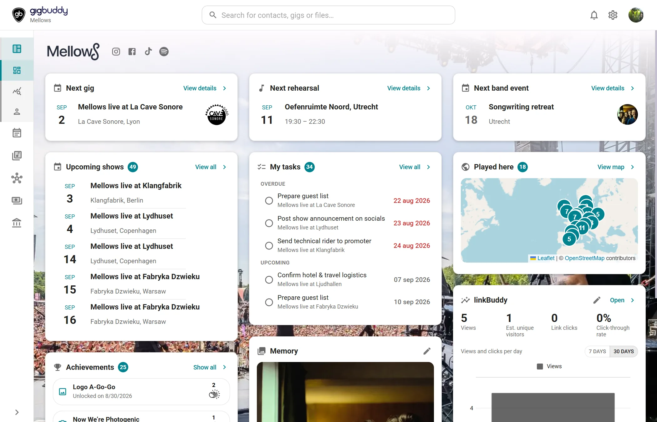 Dashboard van gigBuddy met planning, optredens, taken en locaties